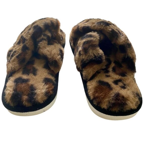 Fuzzy Cross Band Animal Print Open Toe Slippers Memory Foam Women's Medium 7-8 - Picture 7 of 11